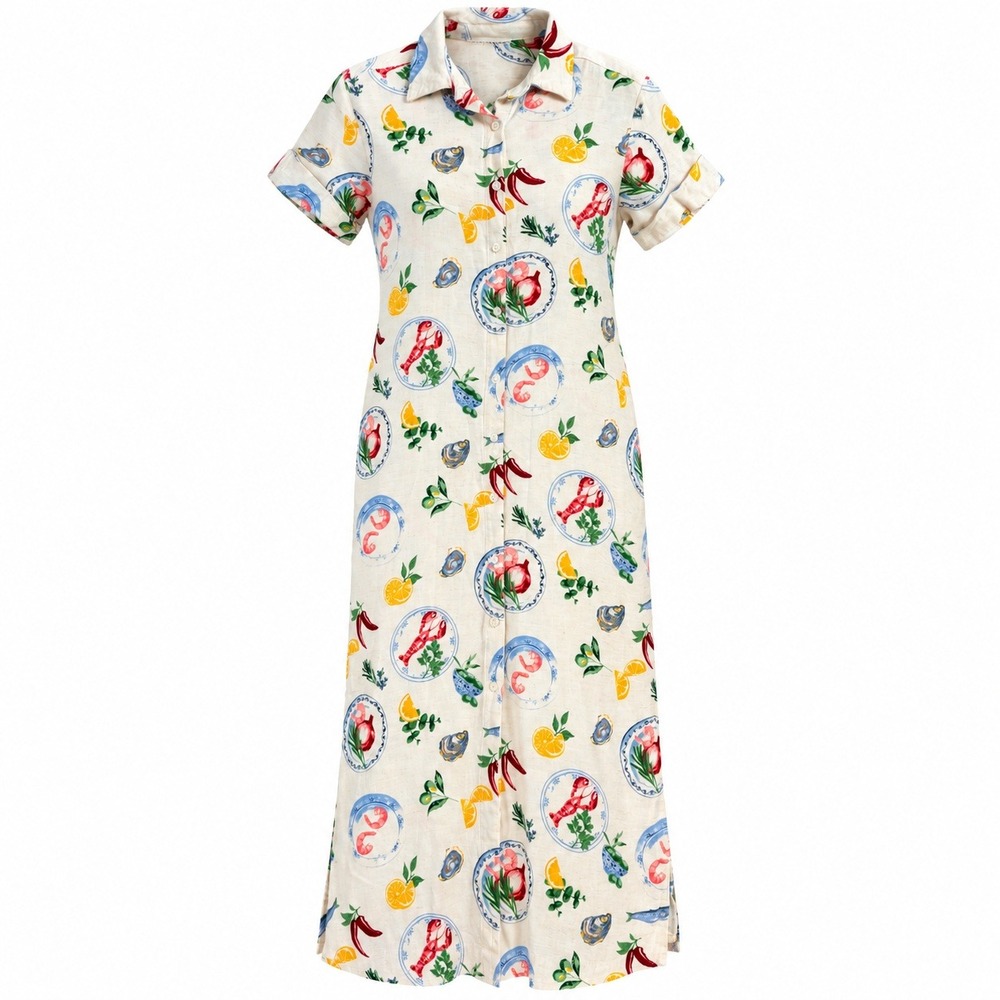 Jane + Delancey Women Small Seafood Lobster Print Linen Blend Maxi Dress